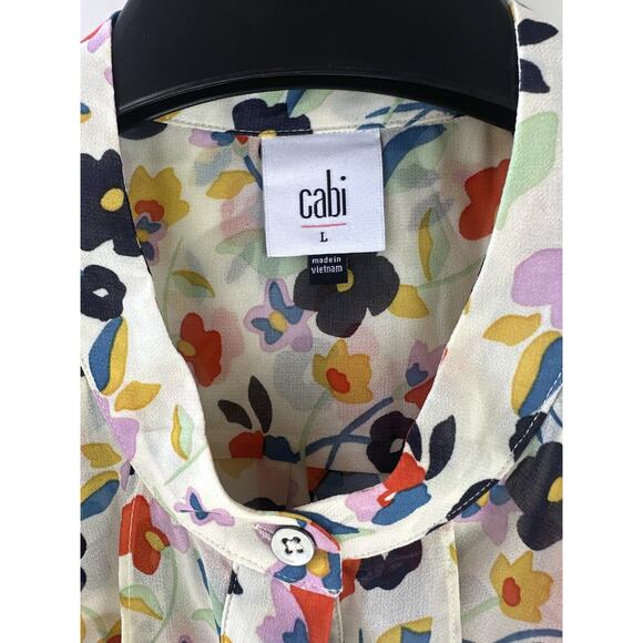Cabi Tux Ruffle Sleeveless Sheer Blouse #6108 Floral Multi-Colored Top Sz Large - Picture 5 of 10